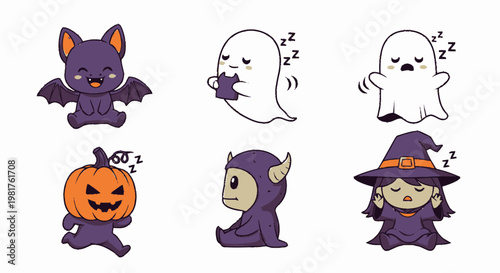 Cute Halloween Characters - Bat, Ghosts, Pumpkin, Demon, and Witch.