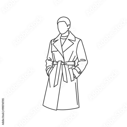 Elegant line art illustration of a woman wearing a stylish trench coat.