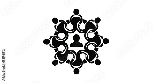 People icons forming a circular ring around a central figure symbolize corporate unity and collaborative leadership within a professional team structure for business communication materials.