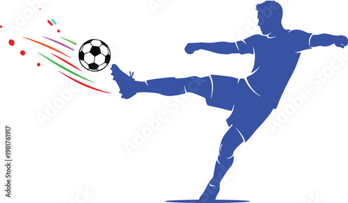 Dynamic blue silhouette of a soccer player kicking a ball with colorful motion trail on white