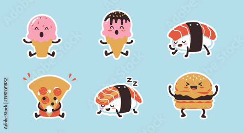 Delightful Cartoon Food Characters with Happy Expressions and Cute Designs.