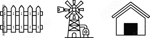 Rural Farm Infrastructure and Traditional Windmill Icon Set