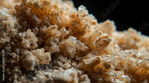 Macro close-up of an isolated underwater ocean reef with coral, shells, fish, sand, gem-like textures and black rocks in a natural beach ecosystem