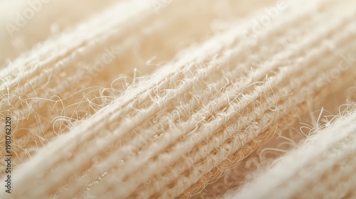 Textura macro de tejido de lana beige con aspecto áspero y natural sobre fondo de madera envejecida y material de fibra artesanal