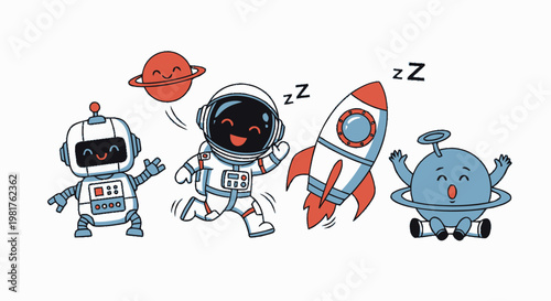 Cartoon Astronaut Running with Rocket and Planets in Space.