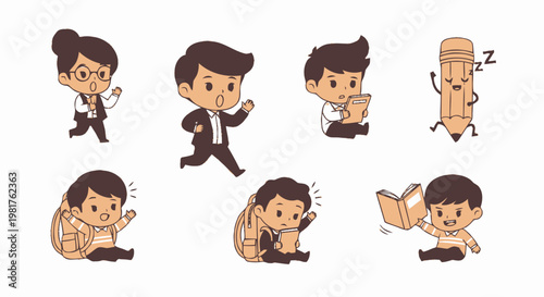 Collection of Cute Cartoon Characters Depicting School and Education.