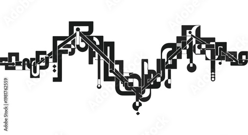 Abstract graphic composition featuring interconnected black geometric shapes and fluid lines creates a dynamic visual structure perfect for modern technology themes requiring significant copy space.