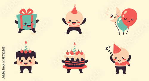 Cute Cartoon Characters Celebrating a Birthday Party with Gifts and Cake.