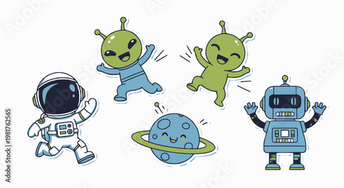 Cartoon Astronauts, Aliens, Planet, and Robot Characters in Space.