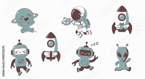 Collection of Cute Cartoon Characters Depicting Space Exploration and Adventure.