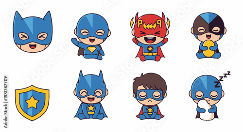 Adorable Superhero Characters in Various Poses and Costumes for Fun Designs.