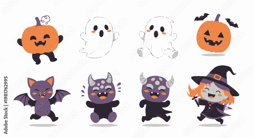 Fototapeta premium Cute Halloween Characters Collection - Pumpkin, Ghosts, Bats, and Monsters.
