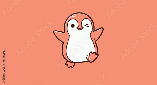 Charming Cartoon Penguin Winking and Dancing with Joyful Expression.