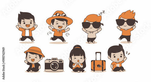 Collection of Cute Cartoon Characters in Various Poses and Outfits.