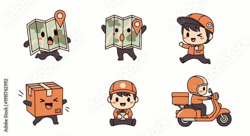 Cute Cartoon Delivery Characters with Maps, Boxes, and Scooters.