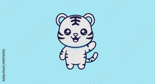 Charming cartoon tiger waving hello with a friendly expression and cute design.