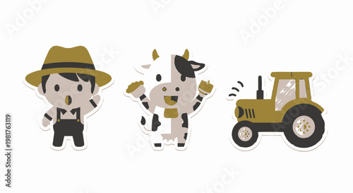 Cartoon Farmer, Cow, and Tractor Illustration on White Background.