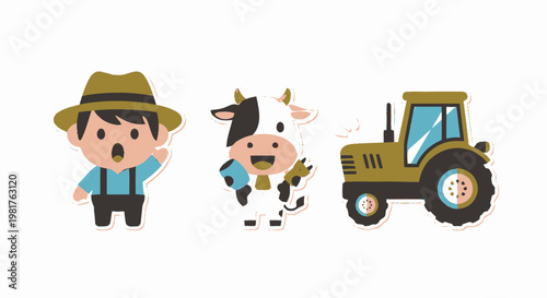 Cartoon Farmer, Cow, and Tractor - A Whimsical Farm Scene.