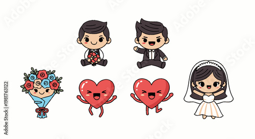 Adorable Cartoon Wedding Characters and Elements on White Background.