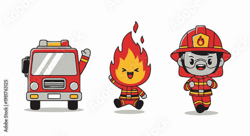 Cartoon Firefighter, Fire Truck, and Fire Flame Characters in Action.