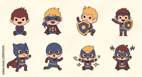 Adorable Superhero Characters Posing with Various Expressions and Actions.