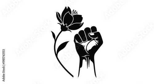 Raised fist holding a delicate flower illustrates the concept of peaceful protest and the strength found in nonviolent resistance for social justice movements and human rights advocacy campaigns.