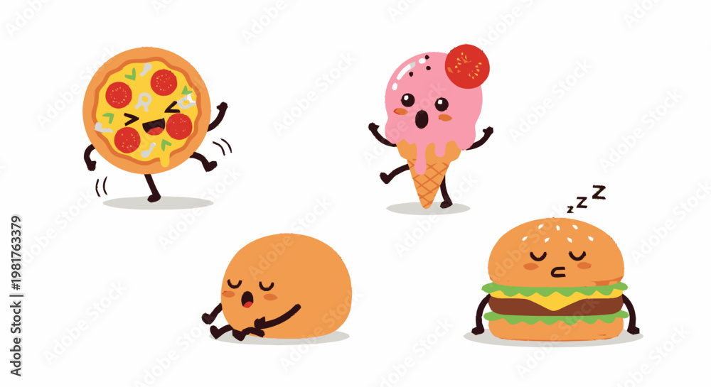 Fototapeta premium Cheerful Pizza, Ice Cream, Bun, and Burger Characters in a Cute Cartoon Style.