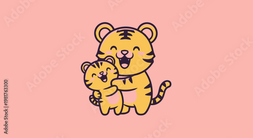 Adorable Tiger Cub and Parent Smiling Happily Together in Illustration.