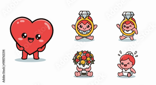 Cute Cartoon Characters Representing Love, Romance, and Wedding Concepts.