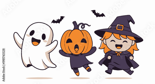 Cute Halloween Characters - Ghost, Pumpkin, and Witch Celebrating Together.