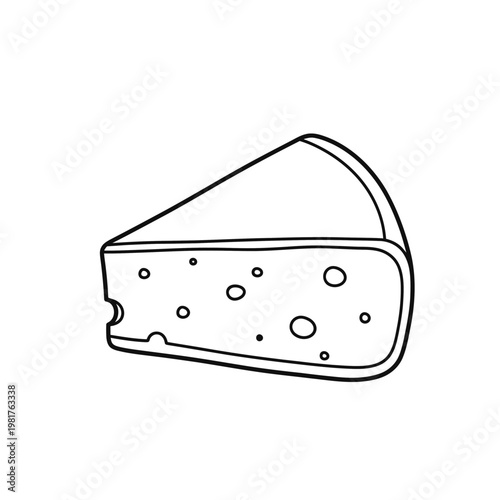 Simple black and white illustration of a cheese wedge with holes.