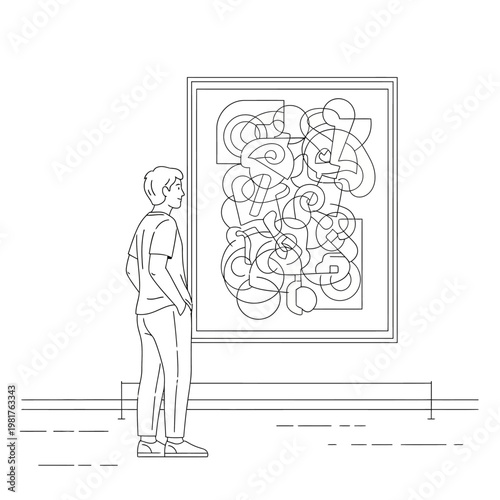 Man contemplating abstract art in a modern art gallery setting.