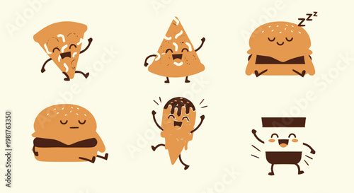 Cartoon Food Characters - Pizza, Taco, Burger, Ice Cream, Coffee, and More.