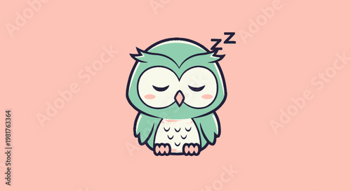 Cute cartoon owl sleeping peacefully with closed eyes on pink background.