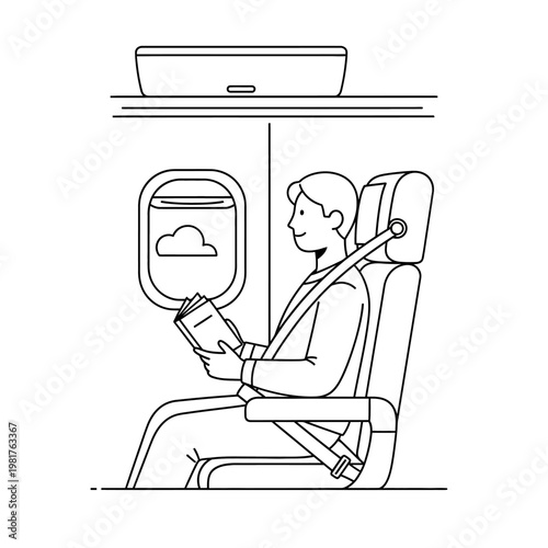 Passenger reading a book on an airplane during a flight, vector illustration.
