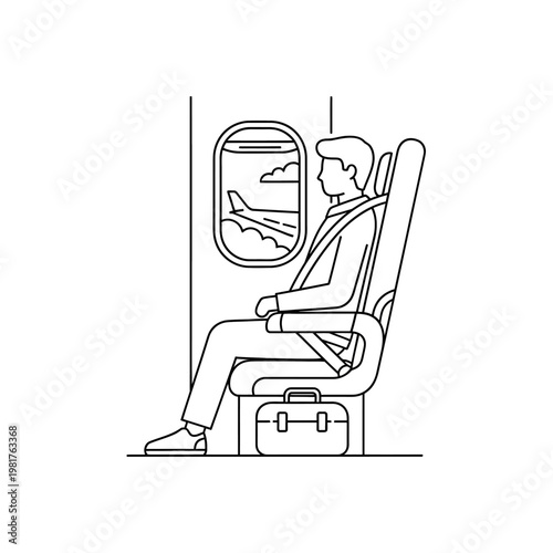 Passenger safely seated on an airplane, looking out the window during flight.
