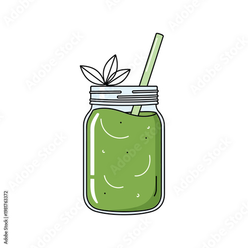 Fresh green smoothie in a mason jar with a straw and leaves for healthy refreshment.
