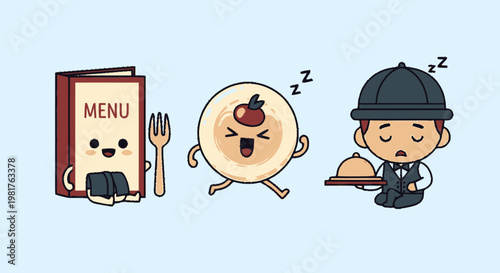 Cute Cartoon Characters Representing Menu, Food, and Sleepy Waiter.