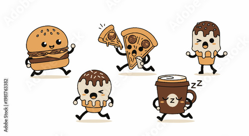 Cartoon Food Characters Running with Happy Expressions on White Background.