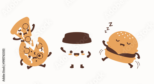 Cheerful Pizza Slice, Coffee Cup, and Hamburger Characters Dancing Together.