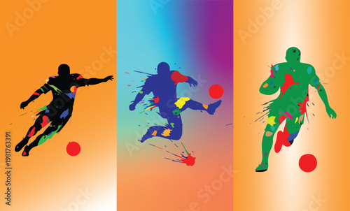 Dynamic soccer player silhouettes with vibrant paint splash effects on colorful background art