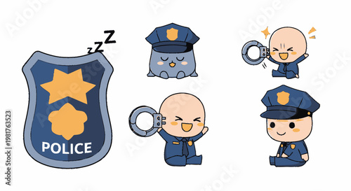Cute Cartoon Police Badges and Policemen with Uniforms and Accessories.