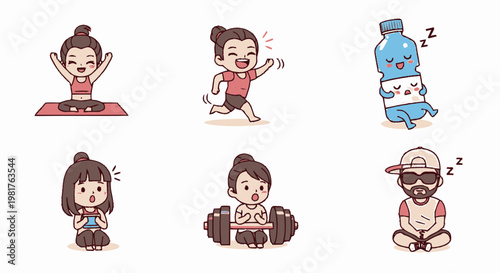 Cartoon Characters Demonstrating Various Exercises and Healthy Lifestyle Activities.