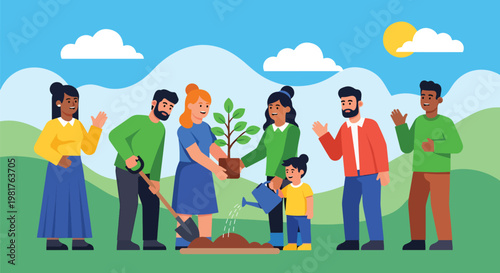 A diverse community group of adults and a child collaboratively planting a young tree in a vibrant green park under a sunny sky, promoting environmental stewardship and teamwork.