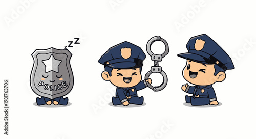 Cute Cartoon Police Officer Characters and Badge Illustration on White Background.