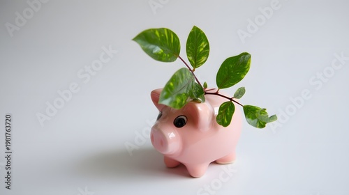 Ceramic piggy bank with green plant growing on top, perfect for savings growth, financial planning