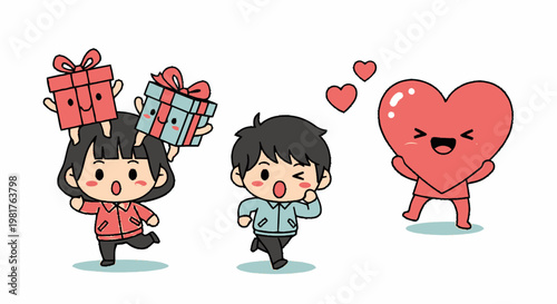 Cute Cartoon Characters Celebrating Love and Presenting Gifts Joyfully.