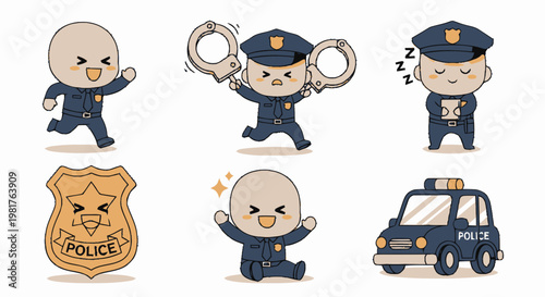 Cute Cartoon Police Officer Characters in Various Poses and Actions.