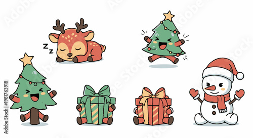 Adorable Christmas Characters - Reindeer, Trees, Presents, and Snowman.