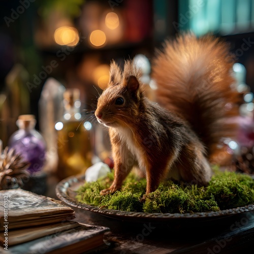Red squirrel standing on mossy surface with warm light, perfect for nature storytelling, fantasy scenes